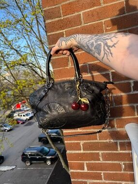 Black Leather Satchel Handbag with Cherry Charm
